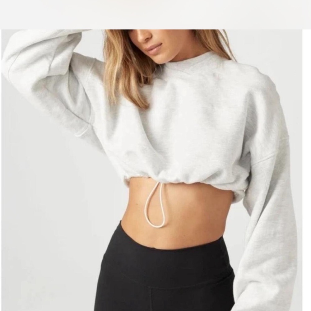 Joah Brown Light Gray Cropped Drawstring Sweatshirt